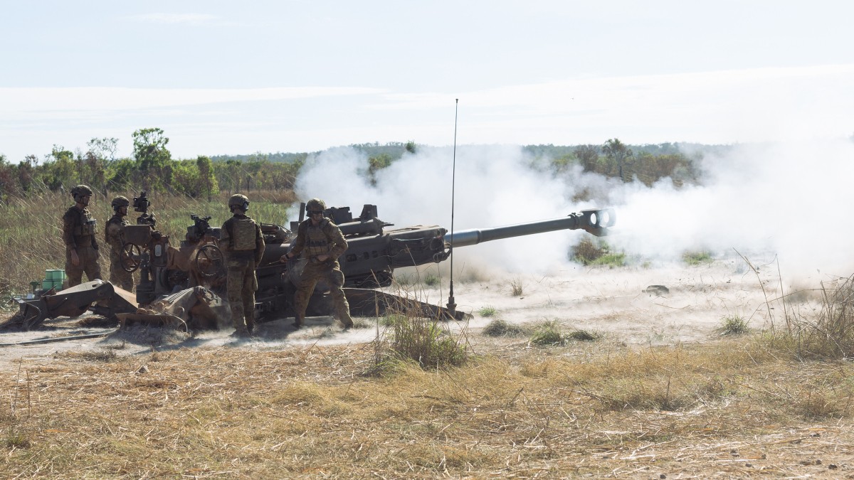 Australian Army soldiers from the 8th/12th Regiment, Royal Australian Artillery, conduct a danger close live fire mission with M777 Howitzers on Exercise Predators Walk 2025 at Mount Bundey Training Area in the Northern Territory.