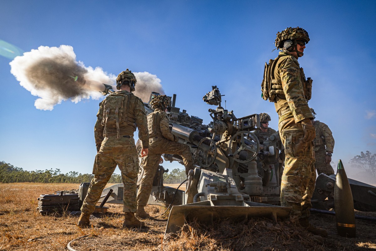 Australian Army soldiers from the 1st Regiment operate an M777A2 155mm howitzer during a live-fire mission during Exercise Diamond Dagger 2026 at Shoalwater Bay Training Area, Queensland.