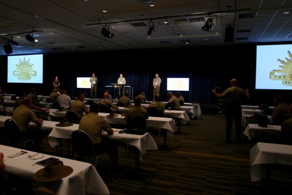 A panel of Australian Army Warrant Officers take questions from the audience at the 2021 Senior Enlisted Conference in the Brisbane Convention and Exhibition Centre.