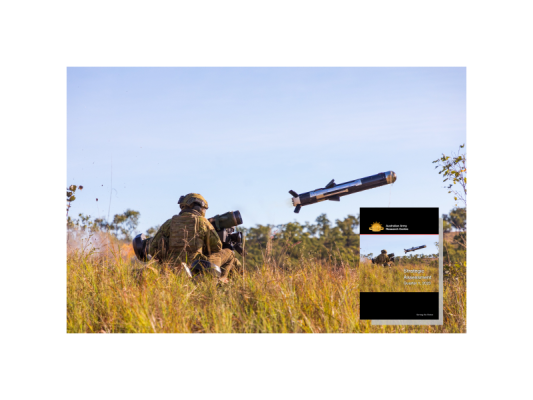 Australian Army soldier Private Charlie Newton from the 3rd Battalion, The Royal Australian Regiment, fires a FGM-148 Javelin Missile during a Direct Fire Support Weapons Basic Course at Townsville Field Training Area, Queensland, 2020. Cover of Quarter 1 2023 Strategic Assessment in bottom right corner.