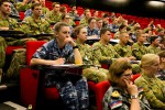 Defence personnel listen to the co-founder of the White Ribbon global movement, Dr Michael Kaufman, during his presentation at the Australian Defence Force Academy on 23 November, 2016.