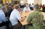 Secretary of Defence, Greg Moriarty (centre) speaks to Darwin Department of Defence staff at a people's forum held at RAAF Base Darwin, during a visit by the Secretary and senior Defence leaders to Defence establishments in the Northern Territory.
