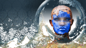 Abstract image of digitised human face in a globe, chain link fence overlay with hole--robot 'breaking free'.