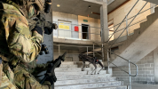 Soldiers clearing an urban area with robot dogs supporting.