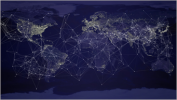 Dark world map with lights connected across it
