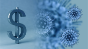 Dollar symbol on left with virus particles on right