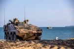 Australian Army soldiers and officers from the 2nd/14th Light Horse Regiment (Queensland Mounted Infantry) test the Army’s new Boxer Combat Reconnaissance Vehicle (CRV) on the beach during Exercise Sea Wader 2020 at Cowley Beach Training Area, Far North Queensland.
