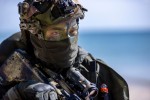 Australian Army Private Hendrik Malherbe during an amphibious beach demonstration in Indonesia during Indo-Pacific Endeavour 2022.