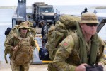 Australian Army personnel from 6th Engineer Support Regiment disembark from one of HMAS Canberra's landing craft in Port Vila during Operation Vanuatu Assist 2023.