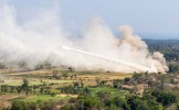 A United States Army M142 High Mobility Artillery Rocket System (HIMARS) fires in Puslatpur, Indonesia during Exercise Super Garuda Shield 2023.