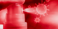 Spray bottle spraying a virus, red shaded