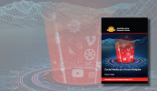 Background of a red target marker of social media icons appearing like a portal, on a blue mesh futurist landscape, with the cover of OP6 in the foreground.