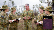 Lieutenant General Ash Power (Retd) (Centre), reprises his role of Chief of Joint Operations during Exercise Talisman Saber 2017 and discusses the intelligence support provided by Private (PTE) Bianca Puglisi, PTE Demi McCormick, PTE Aaron Wattem and PTE Nicola Karakatanis of the 1st Intelligence Battalion, who form the dynamic scripting team.