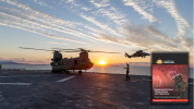 Australian Army Reconnaissance Helicopter (ARH-Tiger) from the 1st Aviation Regiment approaches the deck of HMAS Adelaide alongside a CH-47F Chinook Helicopter from the 5th Aviation Regiment during deck landing certifications off Townsville during Exercise Sea Wader 2020.