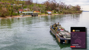 Australian Army soldiers from the 10th Force Support Battalion drive a Light Amphibious Resupply Cargo 5 onto the island of Galoa, near Vanua Levu, in Fiji to drop off supplies required to repair buildings affected by Cyclone Yasa.