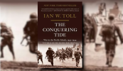 Cover of book, The Conquering Tide by Ian W. Toll, with the cover image blurred in the background