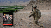 Lieutenant Geoffrey Godkin of Mentoring Task Force - Four observes the Tangi Valley from a high point while on patrol with the Afghan National Army.; cover of Irregular Warfare Essay Collection at bottom right