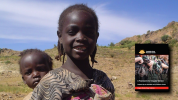 Children from Sudan in an arid environment with the cover of the Irregular Warfare Essay Collection at bottom right
