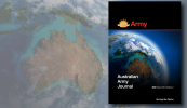 Background image of Australia on Earth from a space perspective. The cover of Australian Army Journal Volume XIX Number 2 from 2023 is displayed on the right side of the mage with a shadow.