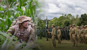 A hybrid image combining two photographs.  One image showing an Australian Army soldier on patrol during an Army exercise is merged with a second image showing military members of two different nationalities on parade.