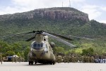 An Australian Army CH-47 Chinook Helicopter from the 5th Aviation Regiment rests on the hard-standing at the 3rd Brigade Combined Arms at Lavarack Barracks, Townsville.