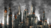 City skyline with burning buildings and sky filled with smoke