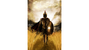Spartan warrior in full armour with sword and shield walking in long dry grass