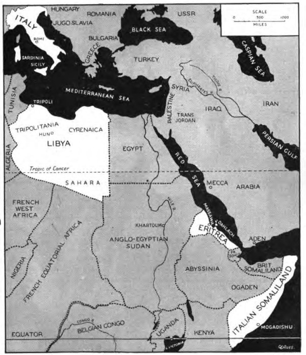 Black and white map from Italy at the most top left and Kenya at bottom right; Italy, Libya, Eritrea and Italian Somaliland are white with the remainder shaded grey.