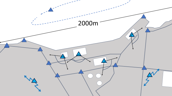 Plan of additional security OP (shown in paler blue) in an urban dock area (detail from Fig 1), highlighting elevated OP to the rear of the perimeter OP and screen OP forward (source: author).