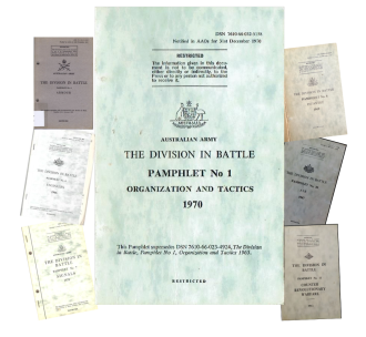 A selection of covers from the Australian Army's "The Division in Battle" series of pamphlets. Pamphlet No 1 enlarged and centred.