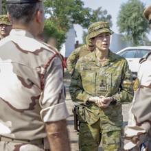 Australian Army officer, Brigadier Ana Duncan, meets with SINCO II Commander, at the Taji Military Complex, Iraq. (Portions of this photo have been blurred to protect operational security)