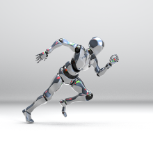 Shiny steel robot humanoid in leaning forward running stance
