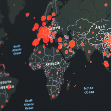 Map of Earth with COVID-19 hotspots indicated