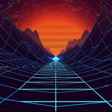 Digital world depicted from lines at front of the image to terrain at the furthest point of the image