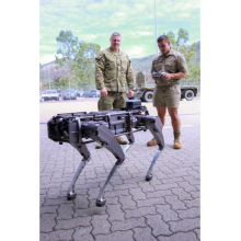 Australian Army Craftsman Sean Van Der Heyden, from the 3rd Battalion, Royal Australian Regiment, receives instruction from Major Ashley Crosby during the Army Headquarters Robotic demonstration at Lavarack Barracks, 31 July 2020.