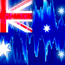 Australian flag with light blue electronic waveforms in background