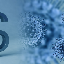 Dollar symbol on left with virus particles on right