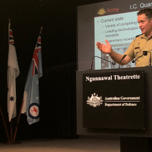Image of CAPT Marcus Doherty presenting Quantum Technology seminar
