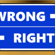 Blue road direction sign with white text WRONG at top pointing right RIGHT at bottom pointing left