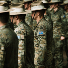 Australian soldiers in parade formation seen side on up close