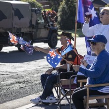 Taree, New South Wales resident Mr Darcy Elbourne with his wife and friends show their appreciation to Australian Army personnel after they conduct relief and recovery tasks during Operation NSW Flood Assist.