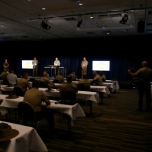 A panel of Australian Army Warrant Officers take questions from the audience at the 2021 Senior Enlisted Conference in the Brisbane Convention and Exhibition Centre.