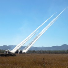 High Mobility Rocket Artillery Systems of the United States Army and United States Marine Corps launch rockets during a firepower demonstration held at Shoalwater Bay Training Area in Queensland, during Talisman Sabre 2021.