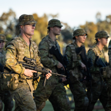 Corporal Jeromy Ringshaw from Charlie Company, Army Recruit Training Centre, marches as part of a formed body during basic training at Kapooka, New South Wales.