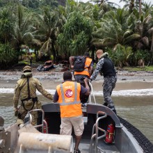 Australian Defence Force personnel attached to Australian Defence Vessel Reliant offload members from the Natural Emergency Response Teams to Savo Island, Solomon Islands as part of Exercise LONGREACH, a Humanitarian Assistance and Disaster Relief exercise led by the Solomon Island Natural Disaster Management Office.