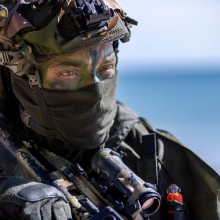 Australian Army Private Hendrik Malherbe during an amphibious beach demonstration in Indonesia during Indo-Pacific Endeavour 2022.