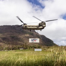 An Australian Army CH-47 Chinook helicopter delivers Australian Aid stores to Futuna Island during Operation Vanuatu Assist 2023.