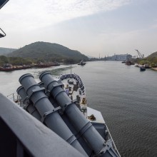 HMAS Warramunga prepares to enter the port of Visakhapatnam, India during a regional presence deployment.