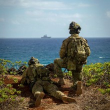 Australian Army Soldiers post security during an amphibious raid for a multinational littoral operations exercise as part of Rim of the Pacific (RIMPAC) 2022.