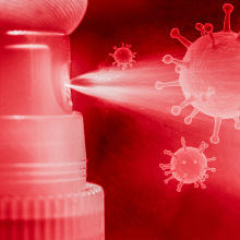Spray bottle spraying a virus, red shaded 